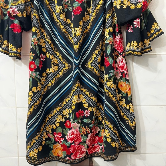 Pookie & Sebastian M Dark Floral Geometric Boho Ruffled Off Shoulder Mini Dress - Picture 3 of 7